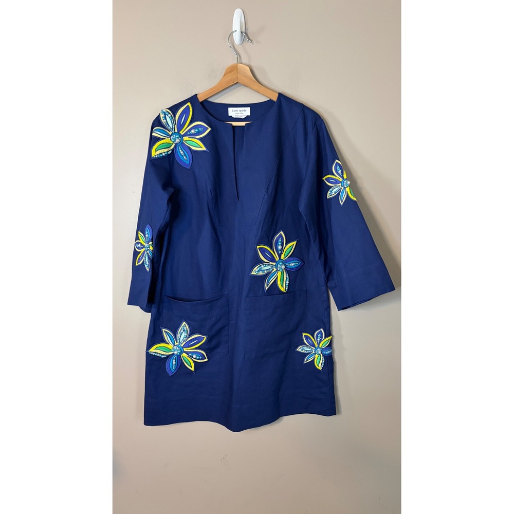 Kate Spade Floral Embroidered Tunic Dress Women S Blue Excellent Beaded Linen